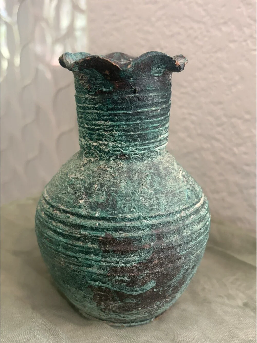 Vintage Chinese Ceramic Hu-Form Vase – 4.5” Faux Bronze Verdigris